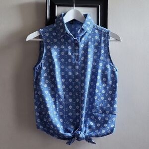 UK2LA Blue Sleeveless Button-Up Self-Tie Nautical Top